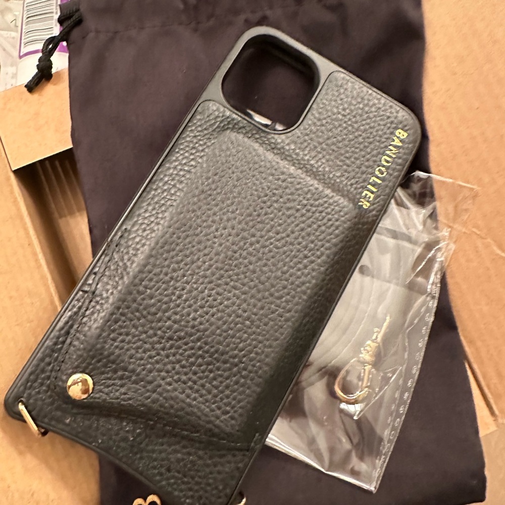 Bandolier crossbody iPhone 13 Max Pro wallet genuine black pebble leather.